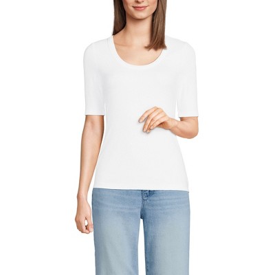 Lands' End Women's Plus Size Drapey Rib Fitted Elbow Sleeve Scoop Neck Tee