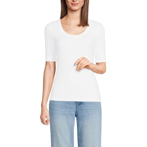 Lands' End Women's Plus Size Drapey Rib Fitted Elbow Sleeve Scoop Neck Tee - 1 of 4