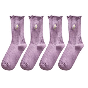 Anna-Kaci Women's 4 Pairs Ribbed Knit Socks with Daisy Embroidery Lettuce Edge Cuffs Soft Stretch Fabric - 1 of 4