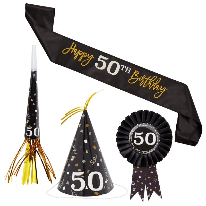 Sparkle and Bash 4 Piece 50th Birthday Party Supplies, Button Pin, Sash, Hat, Blower (Black, Gold), 1 of 8