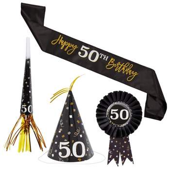 Sparkle and Bash 4 Piece 50th Birthday Party Supplies, Button Pin, Sash, Hat, Blower (Black, Gold)