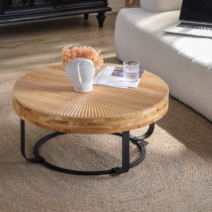 ORRD Modern Round Coffee Table, Wood Carving Pattern with Metal Legs for Living Room & Office, Black - 1 of 4