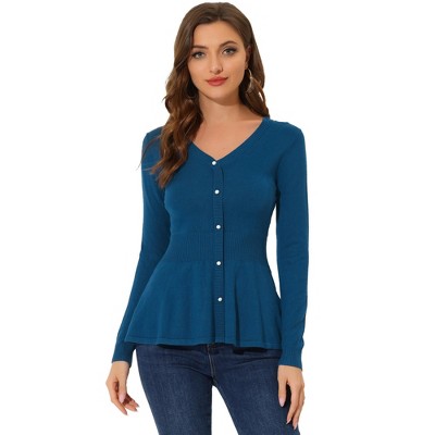 Allegra K Women's Slim Fit V-Neck Long Sleeve Ribbed Pullover Knitted Peplum Sweater