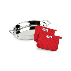 All-Clad 15 Inch Oval Baker with 2 Red Pot Holders, Stainless Steel, Gourmet Accessories - 1 of 4