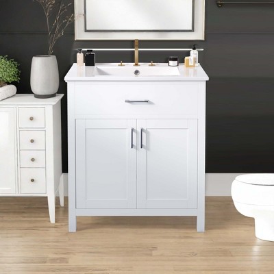 NicBex 30" Bathroom Vanity with Ceramic Sink, Bathroom Cabinet Storage with 1 Spacious Cabinet and 1 Hidden Drawers for Bathroom, White