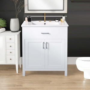 NicBex 30" Bathroom Vanity with Ceramic Sink, Bathroom Cabinet Storage with 1 Spacious Cabinet and 1 Hidden Drawers for Bathroom, White - 1 of 4