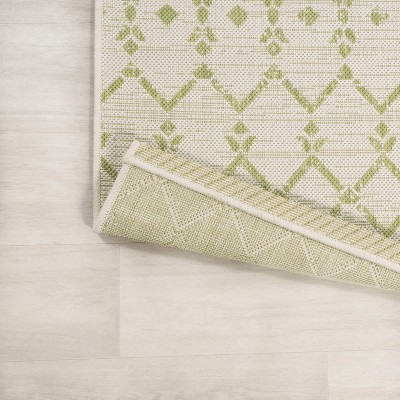 Cream and Green Geometric Synthetic Square Rug