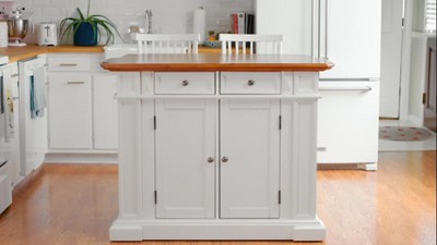 Home styles monarch antiqued white discount kitchen island and two stools