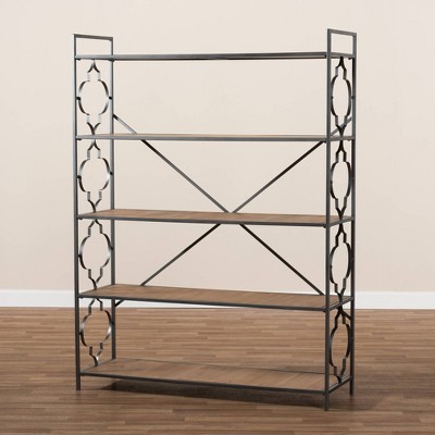 65" Quatrefoil Accent Oak Wood & Black Iron Bookshelf