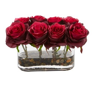 Nearly Natural 5.5-in Blooming Roses in Glass Vase Artificial Arrangement, Burgundy - 1 of 4