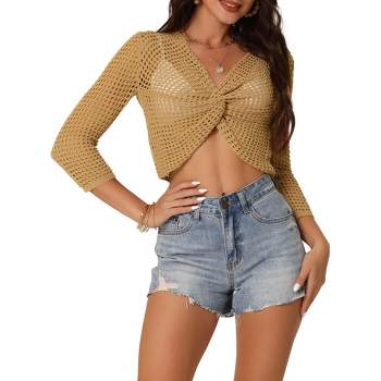 Seta T Women's V Neck Criss Cross Twist Hollow Out Semi-Sheer Cropped Tops Long Sleeve Pullover Sweater