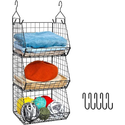 MaseiKar 3 Tier Foldable Closet Organizer, Clothes Shelves with 5 S Hooks, Cabinet Wire Storage Basket Bins, for Clothing Sweaters Shoes Handbags
