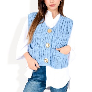 Anna-Kaci Women's Chunky Knit Vest with Oversized Buttons and Front Pockets - 1 of 4
