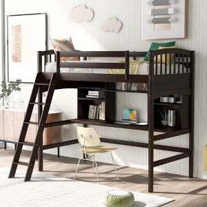 Twin Size Loft Bed with Storage Shelves, Desk and Ladder - 1 of 4
