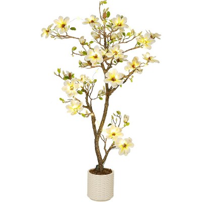 aux Magnolia Plant with White Flowers and Lush Leaves, Artificial Flower Tree for Indoor & Outdoor Home, Office, Patio Decor with White Moss Pot