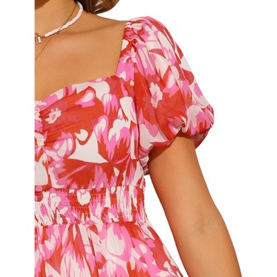 Женские платья INSPIRE CHIC Women's Floral Square Neck Puff Short Sleeve High Waist Smocked Back Flowy Tiered Maxi Dress Pink X-Small — фото 5