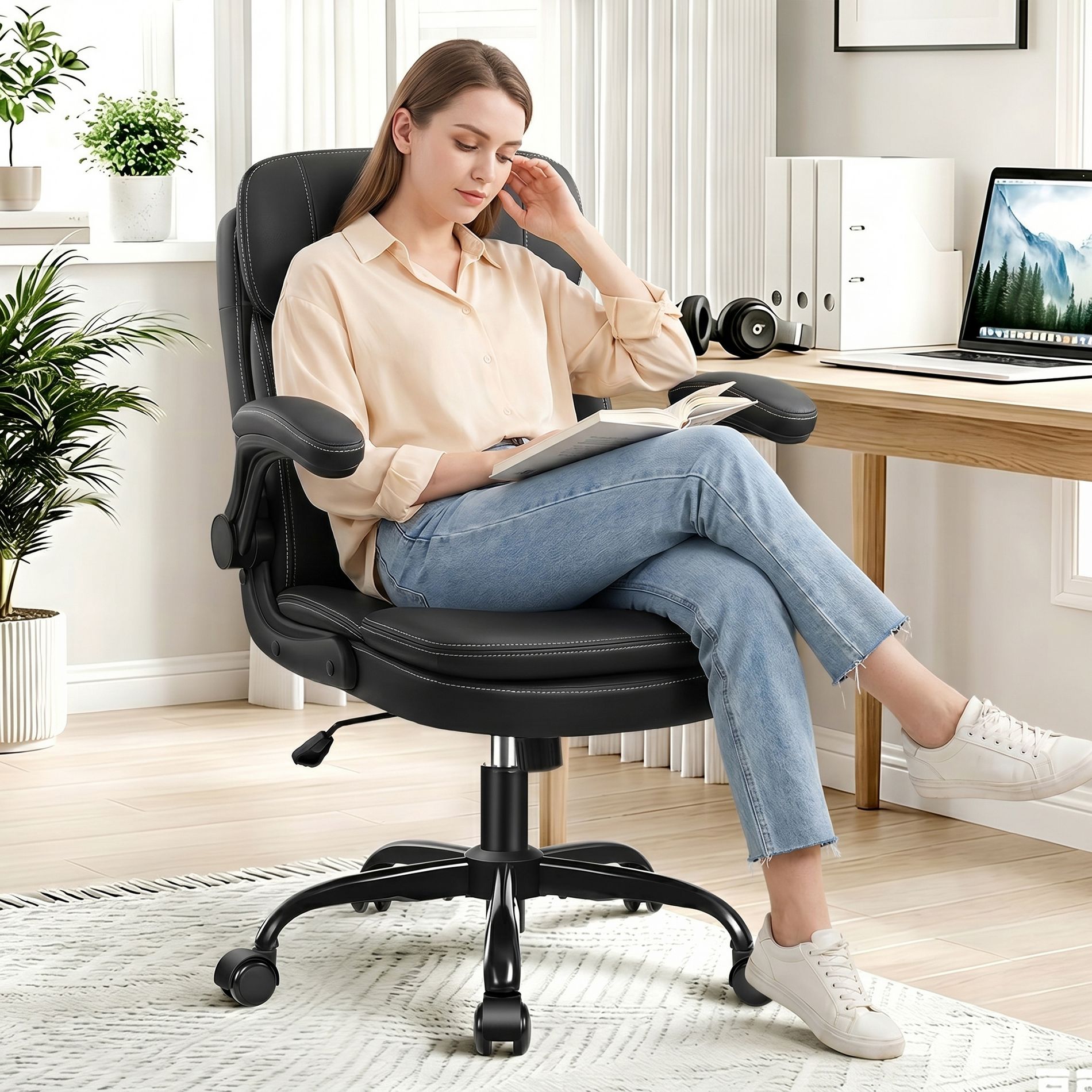 KERDOM Office Chair, Adjustable Height Computer Desk Chair w/Thick Headrest, PU Leather, Swivel Executive Task Chair, for Office, Living Room, Black