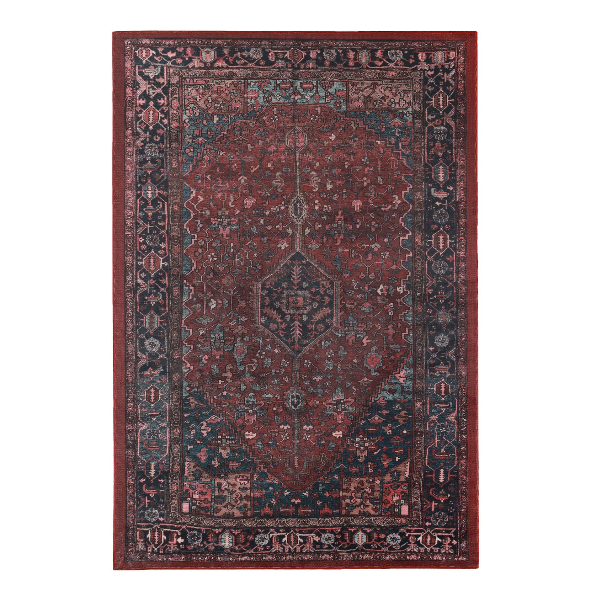 Vintage Faded Floral Medallion Border Machine Washable Indoor Area Rug or Runner, 3'x5', Red - Blue Nile Mills