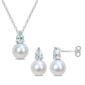 Aquamarine and Cultured Freshwater Pearl Drop Earrings with Triple Chain Aquamarine and Cultured Freshwater Pearl Drop Earrings with Triple Chain