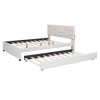 Okak Queen Elegant Platform Bed Frame with Upholstered and Brick Pattern Headboard Linen Fabric Bed with Twin Trundle No Springs Required, Beige - 3 of 4