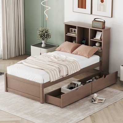 Twin Size Wooden Platform Bed With Built-in Usb Port On Bookcase ...