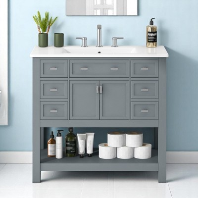 Mshliw 36 Inch Modern Bathroom Vanity with Ceramic Sink, Freestanding Cabinet with 6 Drawers and 2 Soft Close Doors