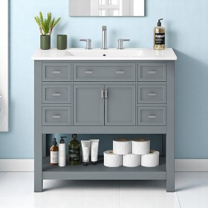Mshliw 36 Inch Modern Bathroom Vanity with Ceramic Sink, Freestanding Cabinet with 6 Drawers and 2 Soft Close Doors - 1 of 4