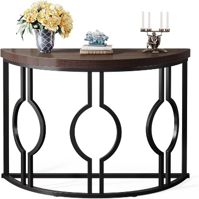 Gulches Industrial Half Moon Console Table, Geometric Base, Wood Accent, Rustic Brown, 43", Entryway/Sofa Table