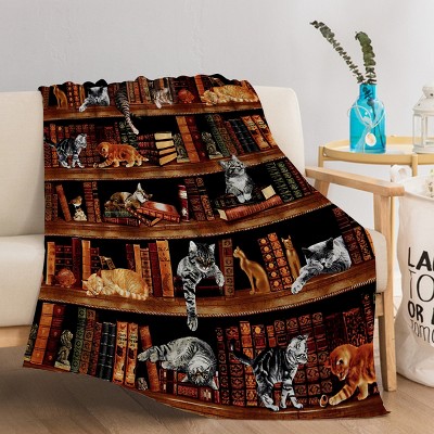 Boersma Vintage Kitten Flannel Blanket Cat in The Bookshelf Throw Blanket Librarian Book Lover Gifts Fleece Blankets for Bed Couch Sofa 50"x60"