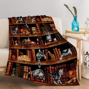 Boersma Vintage Kitten Flannel Blanket Cat in The Bookshelf Throw Blanket Librarian Book Lover Gifts Fleece Blankets for Bed Couch Sofa 50"x60" - 1 of 4
