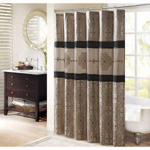 Perry Embroidered Shower Curtain Black - Madison Park: Polyester Jacquard, Machine Washable, Buttonhole Top - 1 of 4