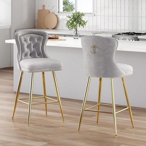 Black Bar Stools Set of 2 Velvet Counter Height Bar Stools with Metal Legs Button Tufted and Nailheads Trim Wing-Back Bar Chairs - 1 of 4