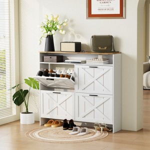 Vividwood Farmhouse Wooden Shoe Cabinet – Narrow Entryway Shoe Storage with 4 Flip Drawers & Organizer Shelves - 1 of 4