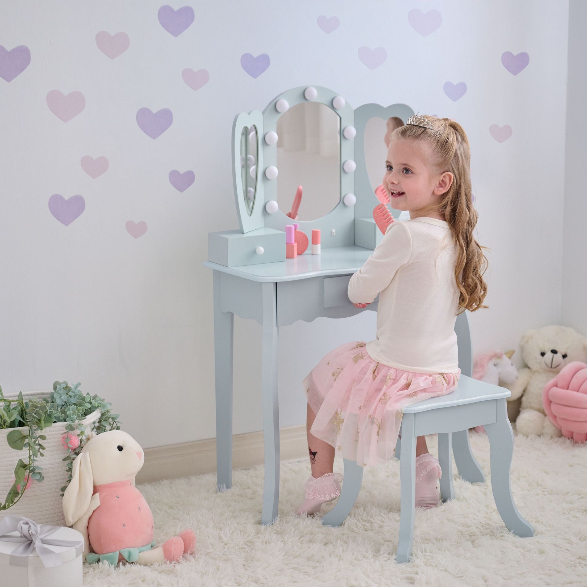 Teamson Kids Heart Glow Wooden Vanity Set with LED Lights Mirror & Stool