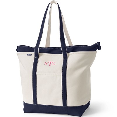 Lands' End Extra Large Print 5 Pocket Open Top Long Handle Canvas Tote Bag - Deep Sea Navy Founders Stripe