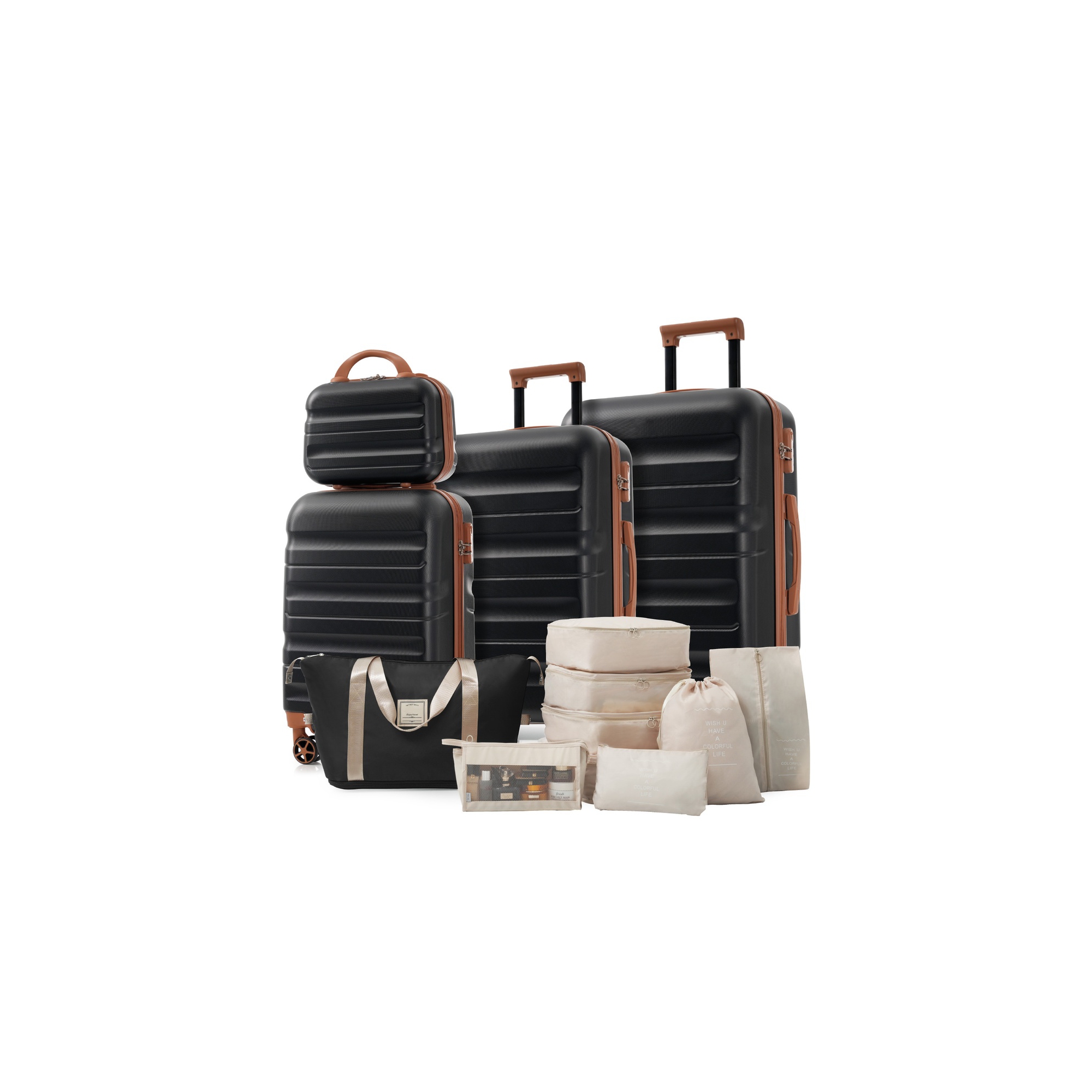 Whisen 13-Piece Luggage Sets, Checked & Carry on Spinner Suitcase Set, ABS Hardshell Suitcases, Duffel Bag and 8 Packing Cubes - Black
