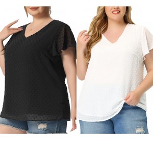 Women's Plus Size 2 Pieces Swiss Dot V Neck Flutter Sleeves Summer Casual Blouses -Agnes Orinda - 1 of 4