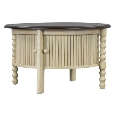 OUTSUPPLY Vintage Round Coffee Table, Modern Cocktail Table with Sliding Door Storage & Slatted Design for Small Spaces