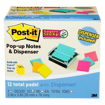 Post-it Pop-Up Super Sticky Notes Dispenser Value pk, 3 x 3 Inches, Assorted Colors, 12 Pads of 90 Sheets