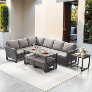 Buenhomino Patio Furniture Set with Thick Cushion, High Back Outdoor Sectional Sofa and Metal Coffee Tables, 7PCS Wicker Conversation Set - 1 of 4