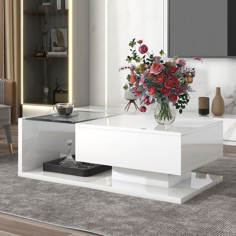 Modern Coffee Table with Tempered Glass, 2-Tier Rectangle Center Cocktail Table with High-gloss UV Surface for Living Room-ModernLuxe, 2 of 15