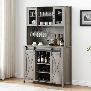 70" Farmhouse Wine Coffee Bar Cabinet w/ Sliding Barn Doors, Rustic Liquor Hutch w/ Wine Rack & Glass Holder, Pantry Storage for Kitchen, Dining Room - 1 of 4