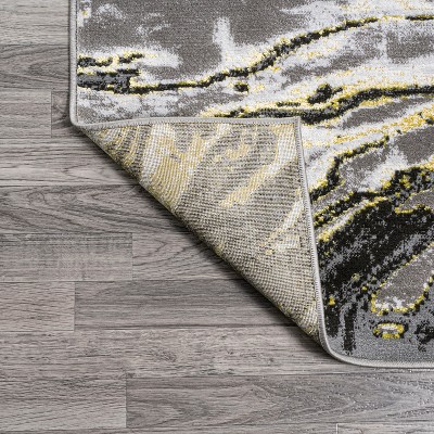 Abstract Swirl Marbled 4'x6' Black & Yellow Synthetic Rug