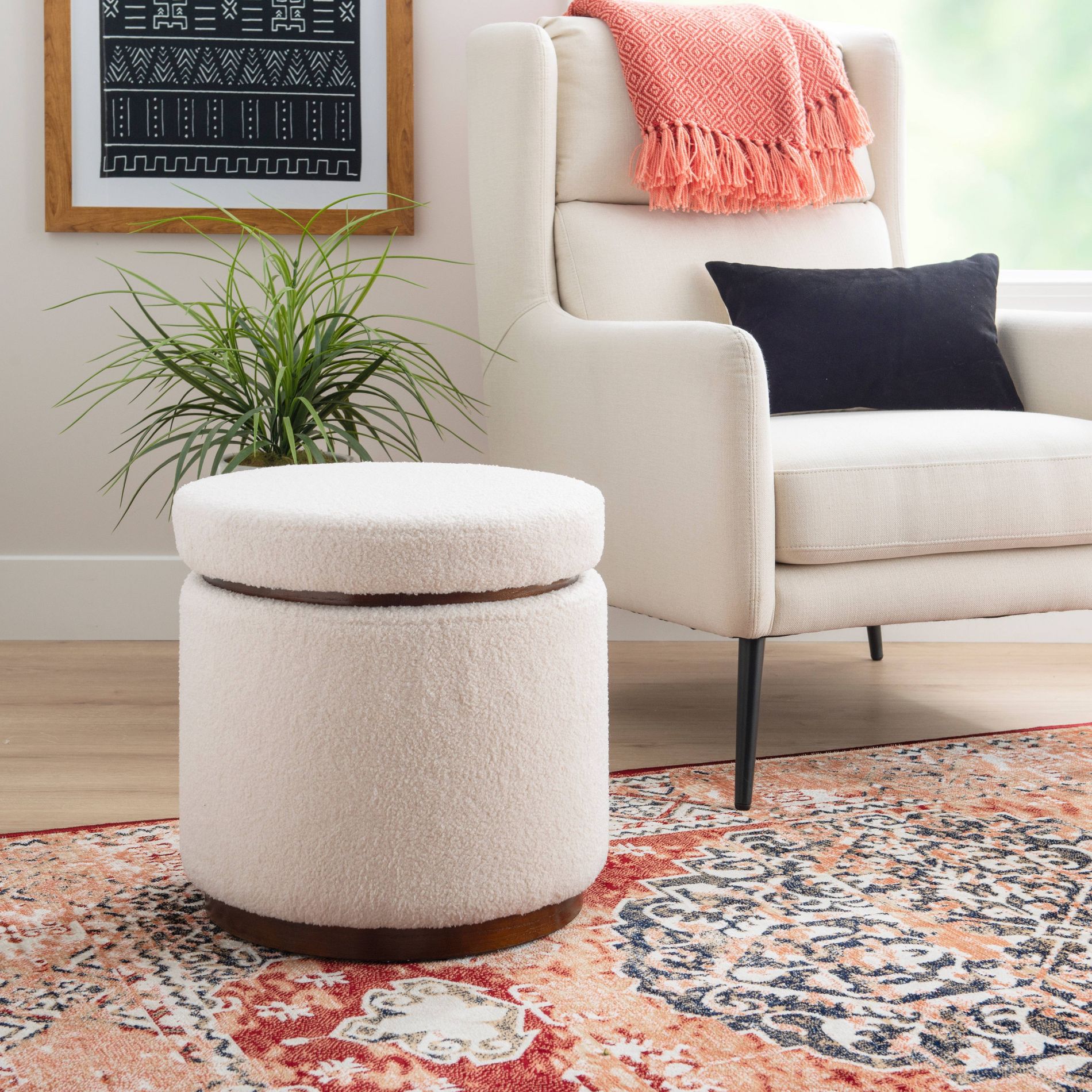 18" Blanche Transitional Round Wood and Boucle Upholstered Storage Ottoman Natural/Walnut - Linon