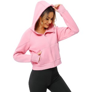 Women's Cropped Hooded Top Casual Zip Front Long Sleeve Sweatshirt with Pockets Pink XXL - 1 of 4