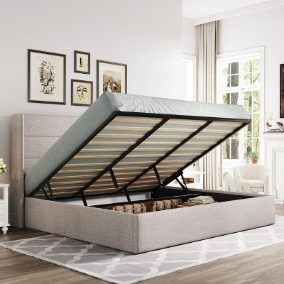 Allewie Lift Up Storage Bed, Button Tufted Headboard with Wingback, No Box Spring Needed, Hydraulic Storage