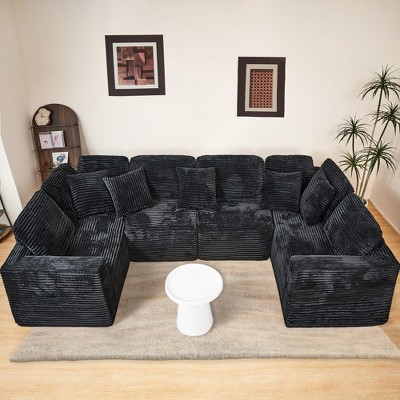 135.5'' Striped Corduroy Modular U-Shaped Sectional Sofa with Reversible 6-Seater Chaise, Ergonomic Design, Cloud-Like Softness