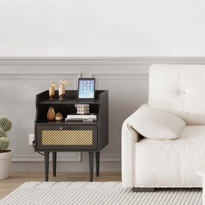 Black Rattan Nightstand Set of 2, Side Table with Charging Station, Drawer and Open Shelves, Modern End Table, for Bedroom, Living Room