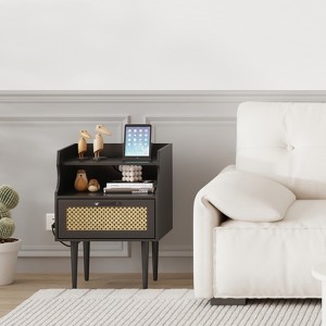 Black Rattan Nightstand Set of 2, Side Table with Charging Station, Drawer and Open Shelves, Modern End Table, for Bedroom, Living Room - 1 of 4