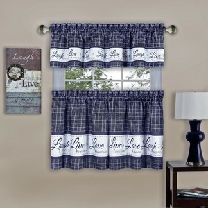 Kate Aurora Country Farmhouse Gingham Plaid Check Live~Laugh~Love 3 Pc Kitchen Curtain Set - 1 of 3